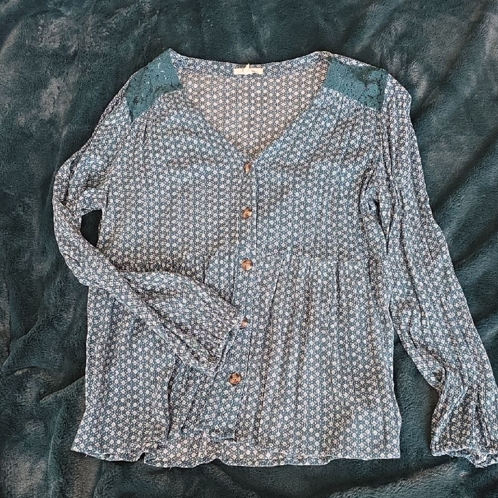 Maurices Teal Patterned Blouse with Button Detail